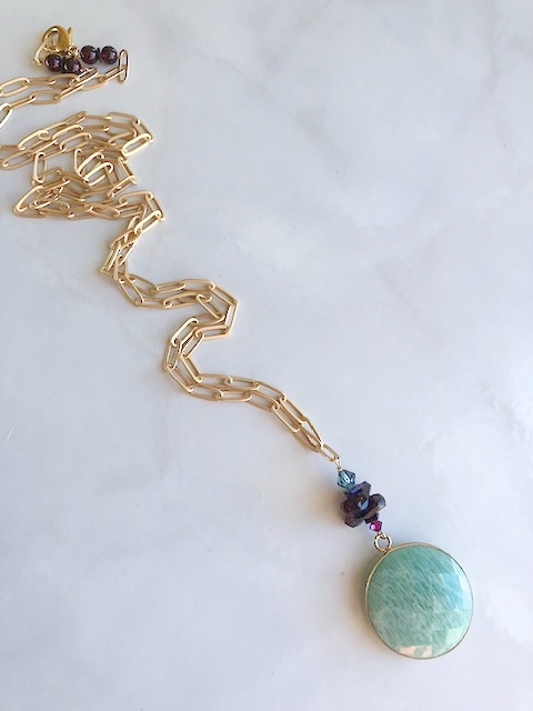 Amazonite, Garnet, Satin Gold Paperclip Chain Necklace